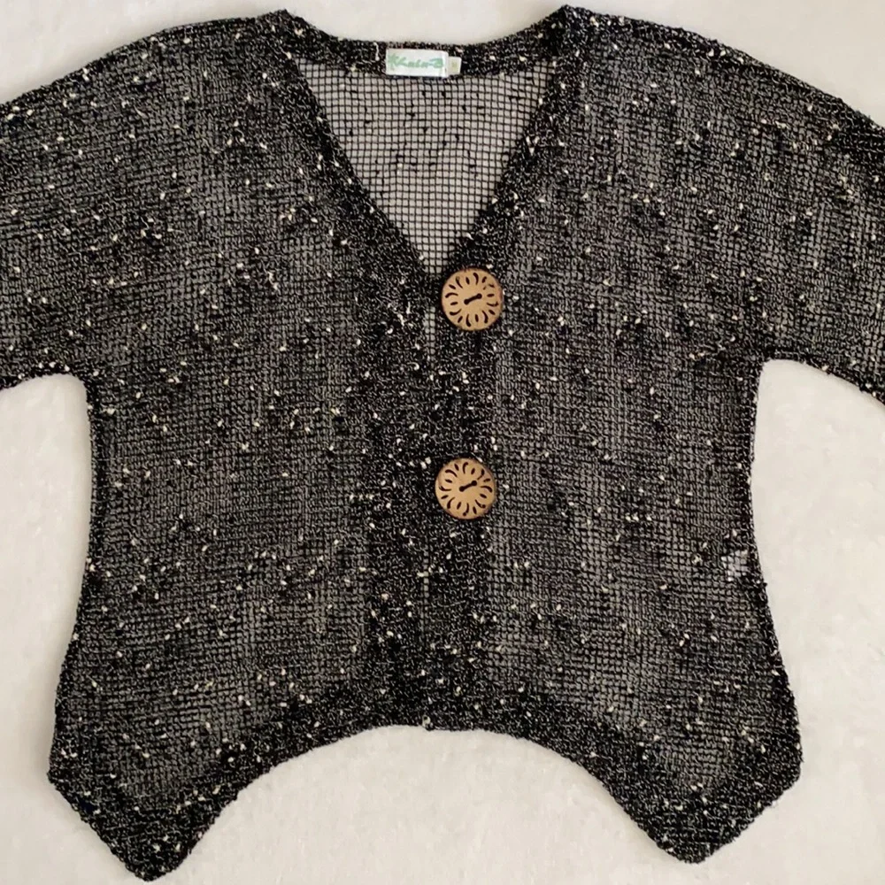 Lulu-B | Open Knit Boho Coastal Cardigan Coconut Husk Buttons 7258 Black (M) - Picture 2 of 16